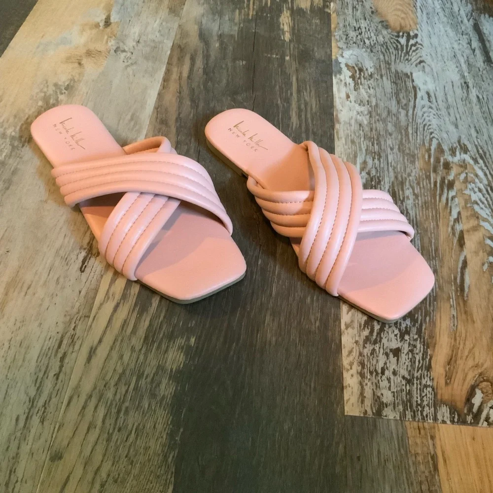 Nicole Miller Blush Pink Quilted Cross-Strap Slide Sandals